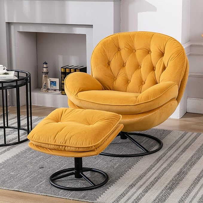 Accent Chair TV Chair Living Room Chair with Ottoman Modern Velvet Lounge Chair with Comfy Armchair with Metal Legs Swivel Leisure Chair for ClubHome OfficeMetal Base Frame (Yellow)