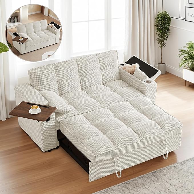 Rovibek 65'' Convertible Sleeper Sofa Bed 3-in-1 Pull Out Couch with 360° Swivel Side Table Adjustable Backrest Loveseat Sleeper with Charging Port | Side Pocket | Cup Holders White