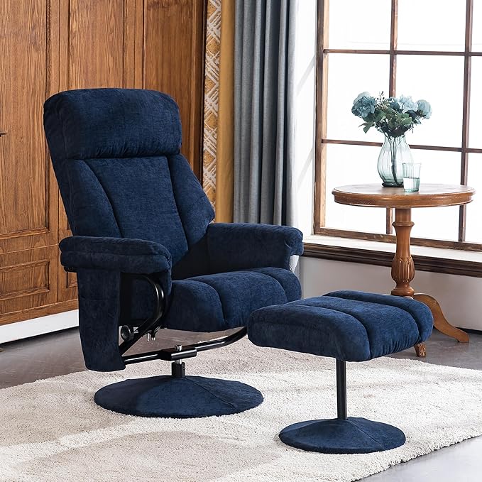 MCombo Swivel Recliner with Ottoman TV Chair with Vibration Massage Ideal for RV Small Space Living Room &amp Bedroom 4828 (Textile Blue)