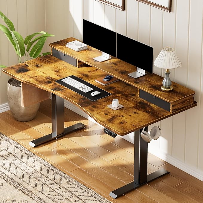 Veken 47.2×27.6 Standing Desk with Storage Drawers Adjustable Height Computer Table with Monitor Shelf Home Office Desk for Study Gaming Workstation Brown