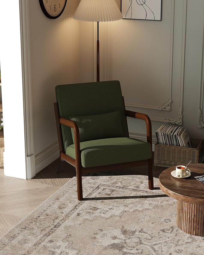 Garvee Mid-Century Modern Accent Chair Fine Wale Corduroy Upholstery Solid Wood Armchair with Removable Lumbar Pillow Sturdy Reading Chair for Living Room Bedroom Guest Room Easy Assembly Green
