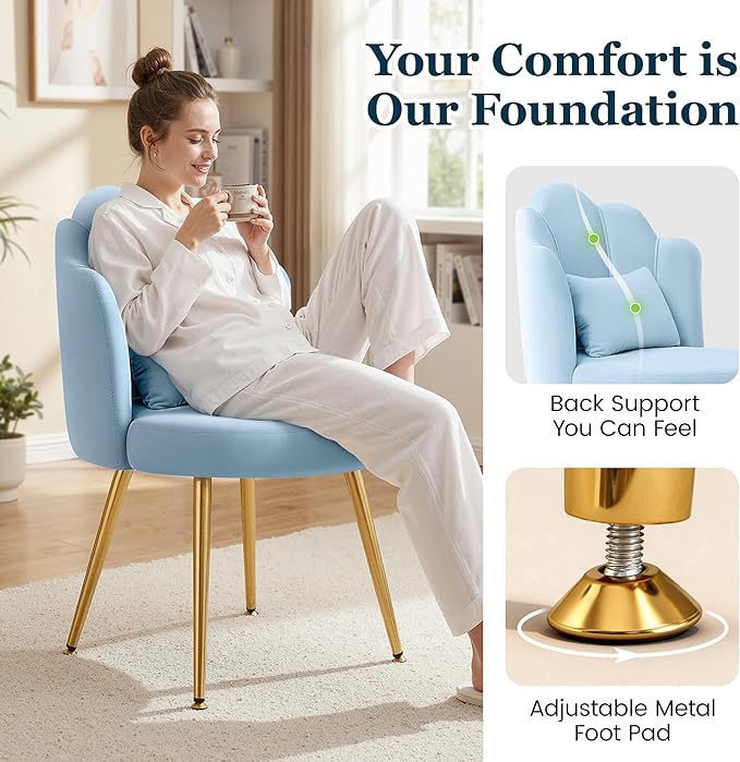 Petal Makeup Vanity Chair with Back Flower Chair Comfy No Wheels for Girls Women Makeup Chair with Golden Metal Legs &amp Lumbar Pillow for Living Room/Makeup Room/Bedroom/Home Office - Blue