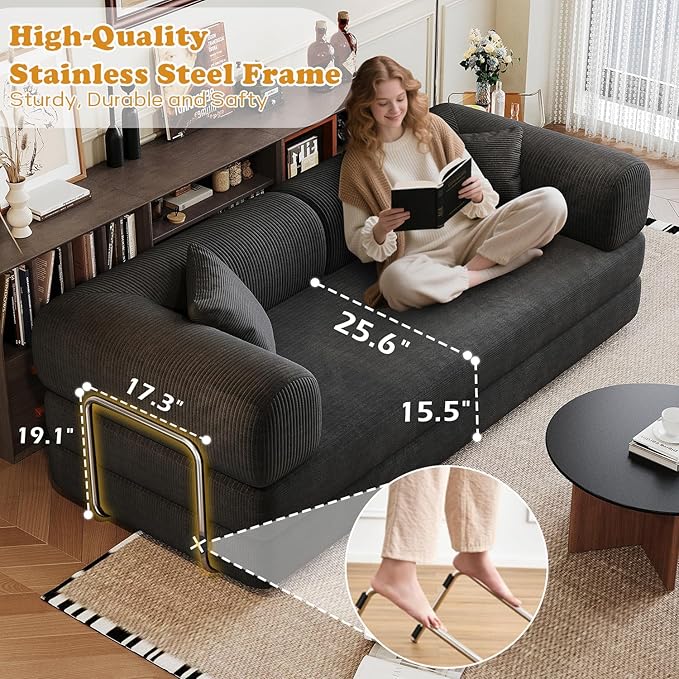 78.8 Modern Convertible Floor Sleeper Sofa Bed Corduroy Modular Boneless Couch with Silver Fixed-Shape Frame No Assembly Futon Cloud Loveseat with Pull-Out Bed for Living Room (Black)