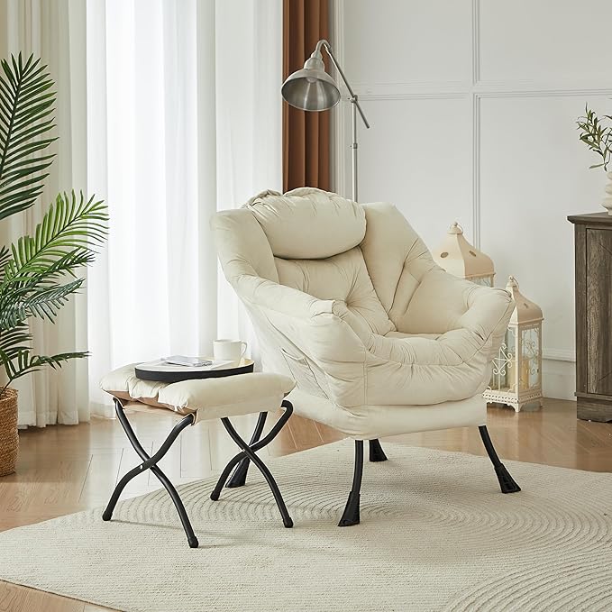 HollyHOME Lazy Chair with Foldable Ottoman Accent Comfy Lounge Armchair and Folding Footrest Stool Leisure Sofa Reading Chair and Footstool for Living Room Bedroom DormVelvet Beige