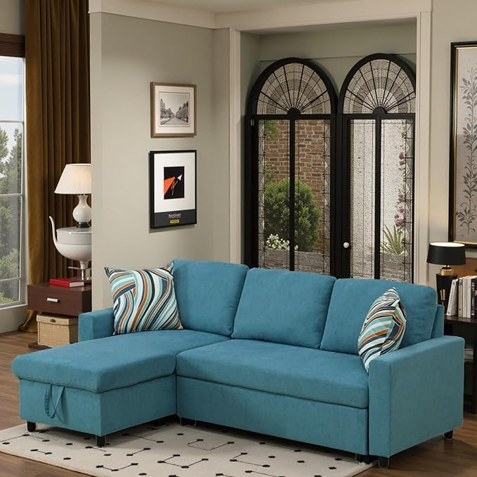 Sleeper Sofa Couch 2 in 1 Pull Out Couch Bed with Storage Chaise Small L Shaped Sectional Sleeper Sofas Bed Convertible Pullout Sofa for Living Room Blue