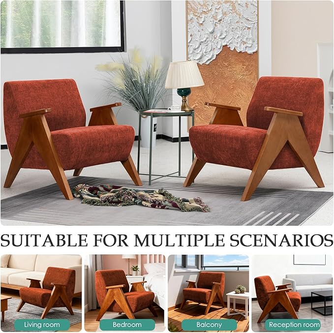 2 Pcs Home Accent Chair Mid Century Modern Accent Chair with Wood Frame Lounge Upholstered Armchair Reading Chair Sturdy BaseFor Living Room BedroomOfficeComfy Guest Waiting Room ChairsOrange