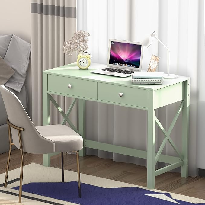 WiberWi Home Office Desk with Drawers Small Writing Computer Desk for Bedroom Modern Green Makeup Vanity Table for Girls Study Table for Home Office