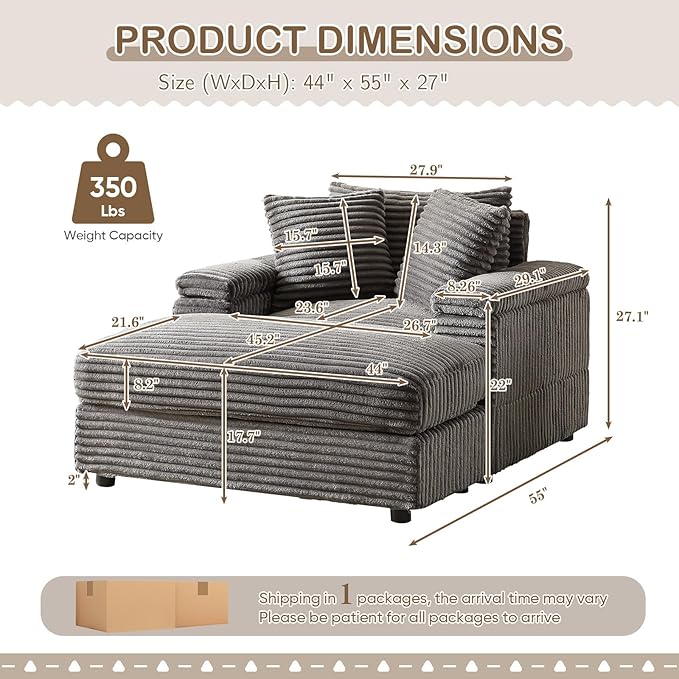 Chaise Lounge Chair Indoor 44 Inch Comfy Corduroy Sectional Cloud Couch Upholstered Single Sofa w/Movable Ottoman for Living Room Bedroom Apartment Grey