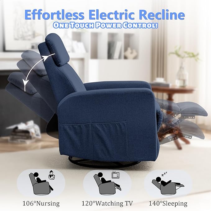 Power Swivel Recliner Chairs for Adults Electric Glider Rocking Chair Nursery Glider Recliner Nursery Chair with Classified Side Pocket Nursery Rocking Chairs with USB and Type-C Ports