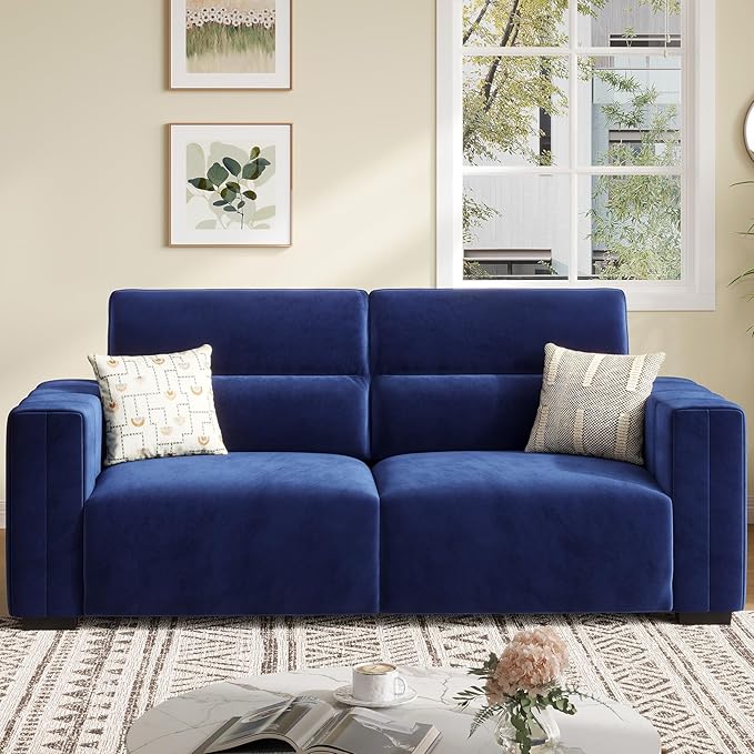82 Inch Sofa with Extra Deep Seats Oversize Velvet Fabric 2 Seater Sofa for Living RoomModern Couch and Loveseat Comfy Armrests and Seats and Backrests Easy Installation Blue