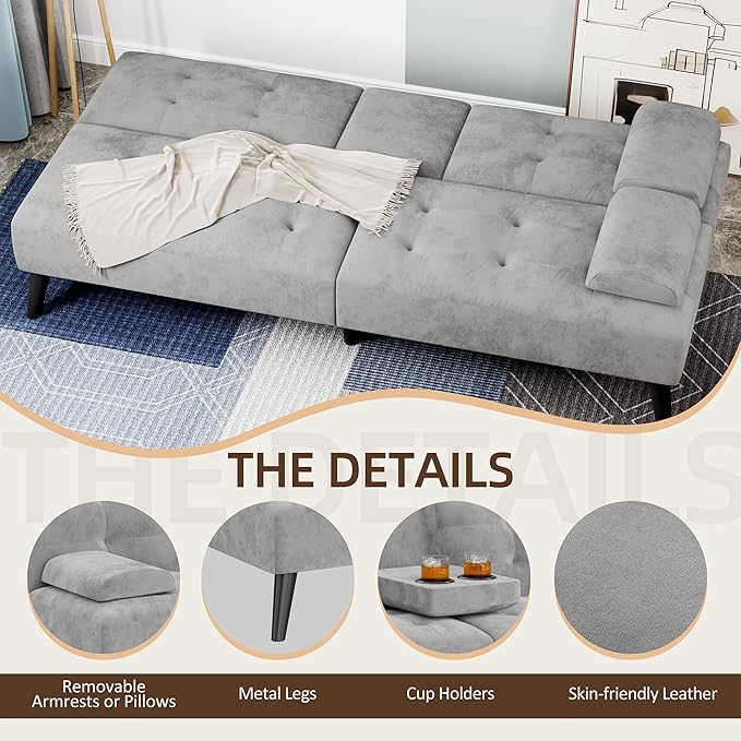 Shintenchi Futon Sofa Bed Velvet Foldable Couch Reclining Sleeper with Removable Armrests Upholstered Loveseat Sofa Couch with Folding Cup Holders for Home Office Light Gray