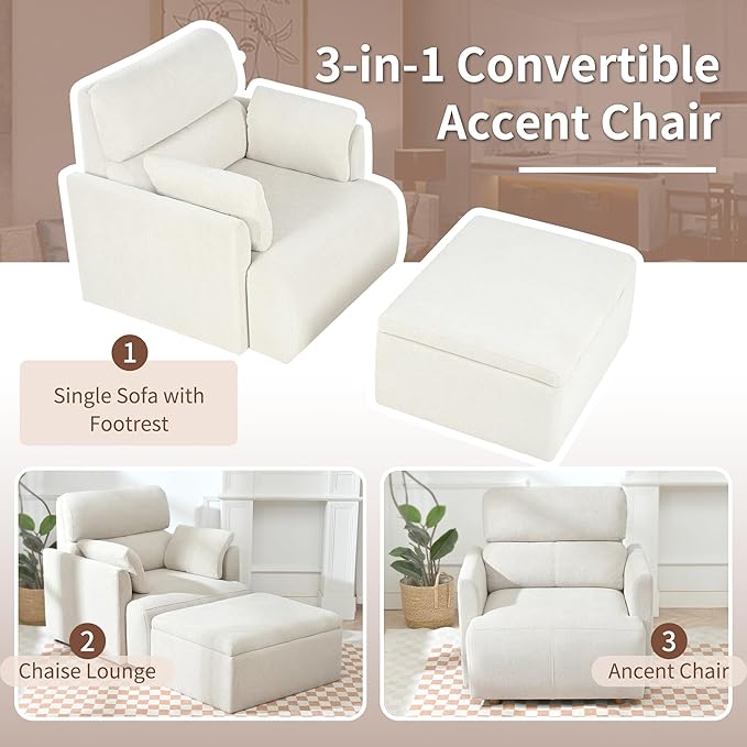 Snowflake Fleece Oversized Accent Chair with Storage Ottoman - 26.57 Wide Deep Seat Reading Chair Convertible Daybed 400lbs Capacity for Living Room &amp Apartment (Beige)