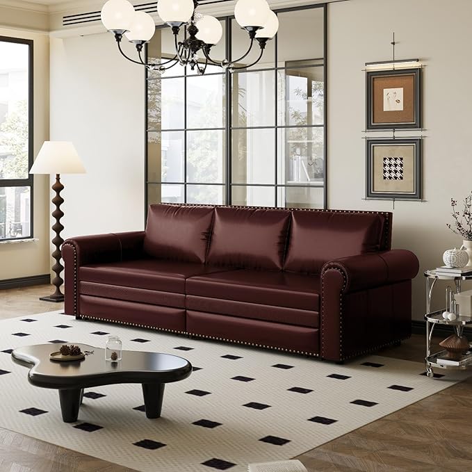 93.7 King Size Chesterfield 3-seat Pull Out Sofa Bed Leather Sofa Bed with Nailhead Trim and Rolled Arm 3-in-1 Sofa Sleeper for Living Room Apartment Office Burgundy