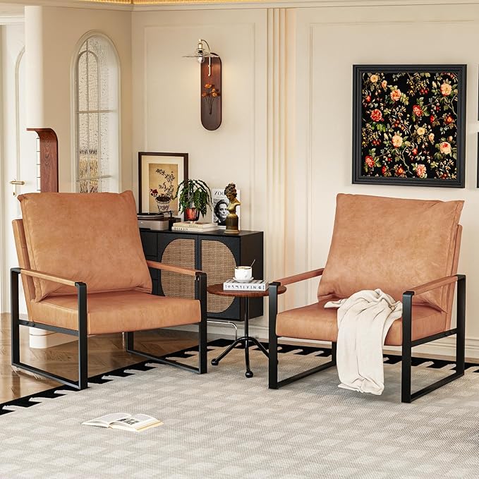 AWQM Leather Accent Chair Set of 2 Sofa Chair with Extra-Thick Padded Backrest &amp Seat Cushion Single Sofa for Living Room Bedroom Black Metal Frame 105 Degree Slant Back-Apricot（Set of 2）