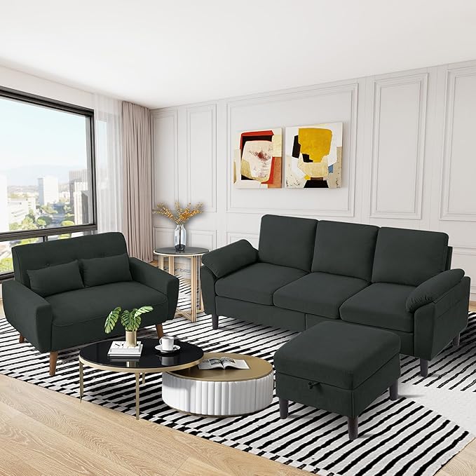 2 Piece Sectional Sofa Set 3-Seat Small L Shaped Couch with Storage Ottoman and 2 Seat Loveseat Sofa Set Polyester Fibre for Living Room Black