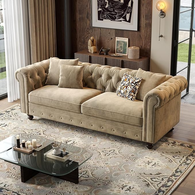 ONBRILL 82 Inch Chesterfield Sofa 23 Inch Deep Seat Velvet Couch for Living Room Button Tufted Couch with Rolled Arms 2 Throw Pillows Comfy Vintage Loveseat Sofa for Apartment Taupe