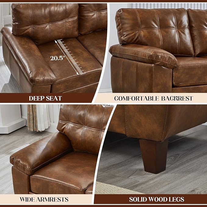 79 W Faux Leather Sofa Couch with Hidden Storage &amp Tufted Backrest Upholstered Mid Century Modern Couch Deep Seat Comfy Chesterfield Sofa for Living Room Bedroom Office(3 Seater Brown)