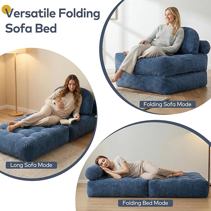 Folding Sofa Bed Convertible Sleeper Chair with Pillow Foldable Mattress with Back Support Portable Fold Out Chair Bed Comfy Floor Sofa Lounge for Living Room Bedroom