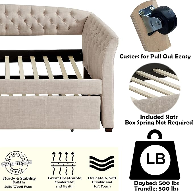 Rosevera Adrie Upholstered Twin Daybed with Tufted Button Daybed with Trundle Sofa for Living Room Bedroom Guest Room Beige Velvet