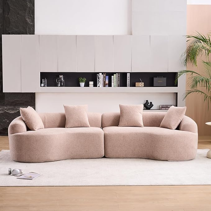 110 Curved Loveseat Sectional Sofa for Living Room Modern Oversized Plush Chenille Cloud Round Deep Seat Compressed Boneless Couch with 4 Throw Pillows for Apartment No Assembly Needed Beige