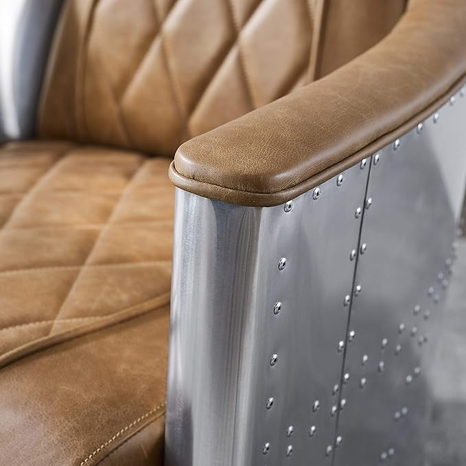 Zouron Genuine Leather Living Room Chair Mid Century Modern Single Sofa Chair in Aluminum Vintage Barrel Accent Chair for Living Room Bedroom Home Office Light Brown