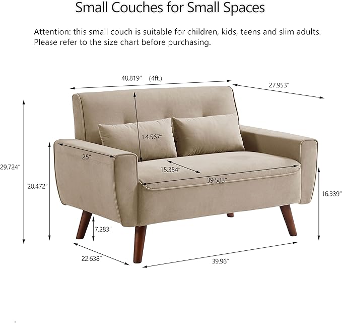 Loveseat Sofa Couch with Two Throw Pillows Mid Century Modern 2 Seat Love Seat Couches for Living Room Linen Fabric 48 (Beige)