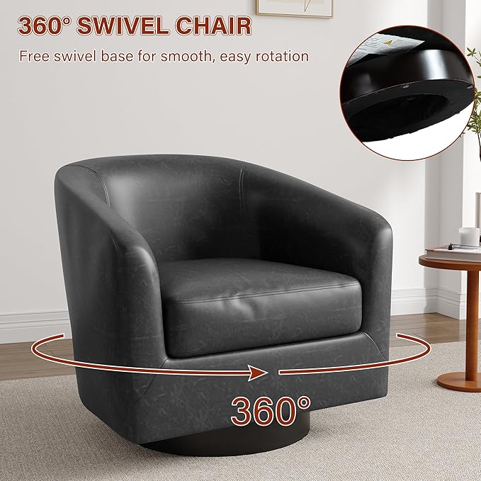 Lumibee Faux Leather Swivel Barrel Chairs Upholstered Comfy Round Swivel Accent Chair 360° Rotation Single Sofa Club Armchair for Living Room Reading Room Bedroom Black