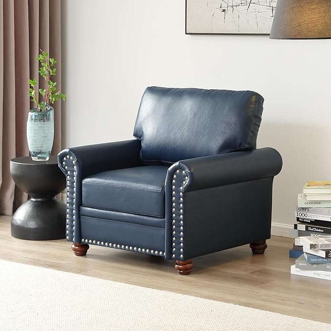 35 Faux Leather Pu Armchair Classic Vegan Leather Accent Chair Elegance Single Seat with Rolled Armrests Nailhead Trim Wood Legs Traditional Living Room 1 Seat-Navy Blue
