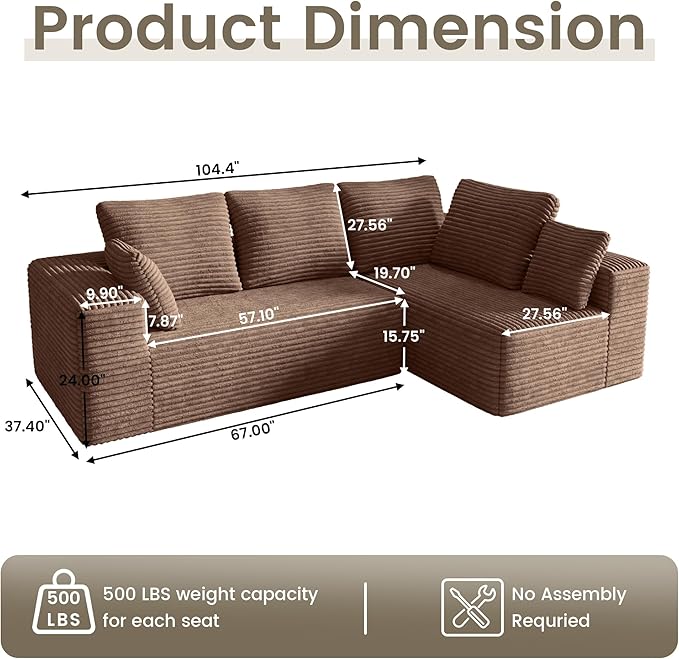 L Shaped Cloud Sectional Sofa Boneless Couch Sectional Couches for Living Room Modern Cozy Corduroy Deep Seat Sleeper Sofa No Assembly Required (Right Facing Chaise Brown)