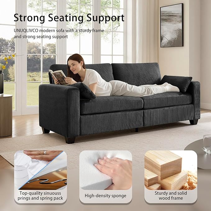 Modern Loveseat Sofa for Living Room Removable Cover Spring Cushions Solid Wood Frame Wide Armrest Corduroy Fabric Recliner Couches for Small Space (Black Corduroy 81 inch)