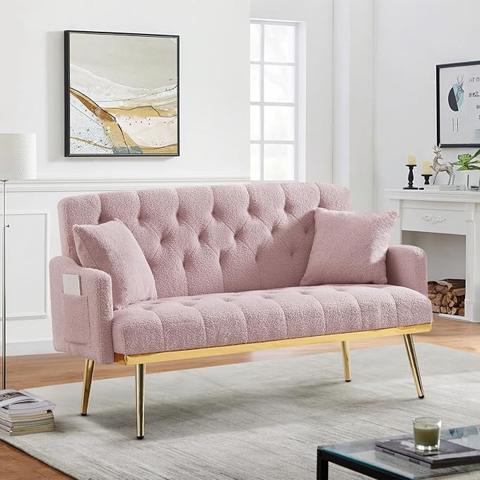 Small Loveseat Sofa 55.5-inch Modern Sofa Couch with with 2 Side Pockets Modern Tufted Sofa with Golden Metal Legs Upholstered Space Saving Love Seat for Living Room Bedroom Office Pink Teddy