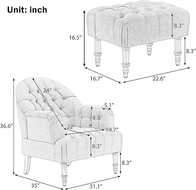 Accent ChairButton-Tufted Upholstered Chair SetMid Century Modern Chair with Linen Fabric and Ottoman for Living Room Bedroom Office LoungeBlue