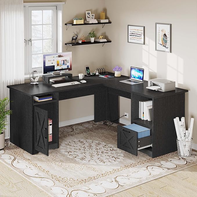 YITAHOME L Shaped Desk with Power Outlets 60 Inch Computer Desk Corner Desk with File Drawer Home Office Desk with Monitor Stand &amp Storage Shelves L-Shaped Desk with File Cabinet Black