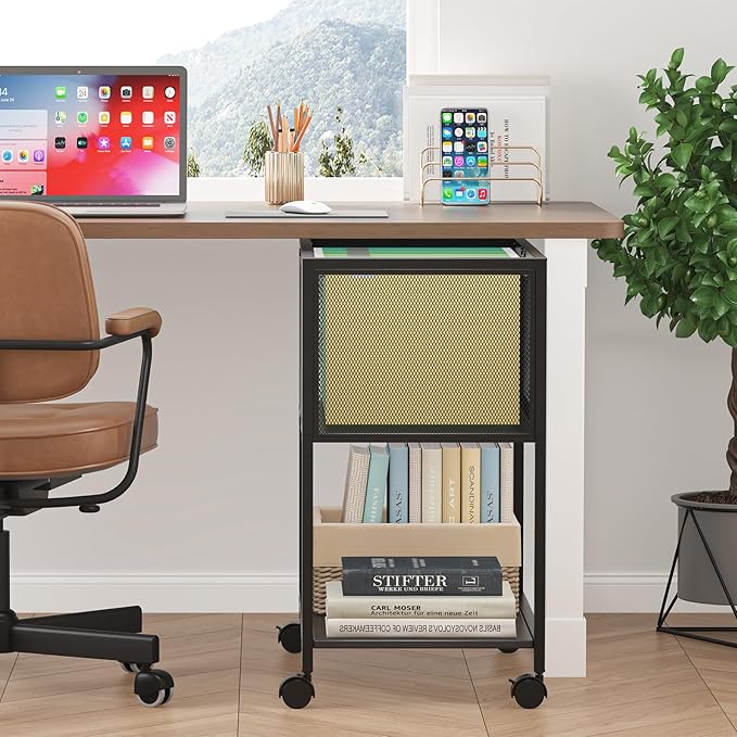 Rolling File Cart Mobile File Cabinet with Wheels Hanging Files Metal Hanging File Folder Cart File Organizer Fit Letter Size for Home Office Black