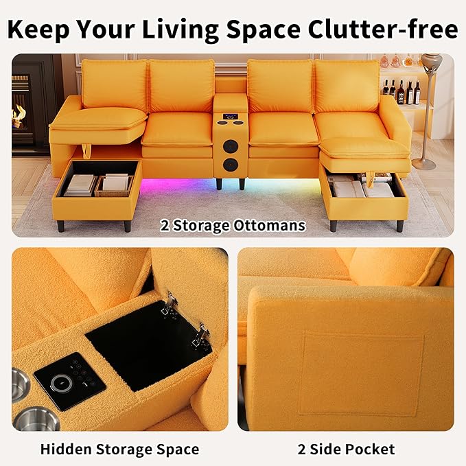 120 Sectional Couches for Living Room 6 Seater Sectional Sofas with Bluetooth Speaker &amp LED Light Modern Teddy Fleece U Shaped Sofa Couch with Storage/Charging Ports/Cup Holder (Yellow Couch)
