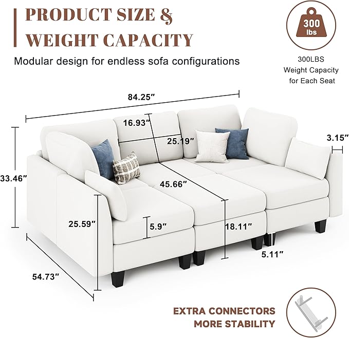 Sectional Sleeper Sofa 6 Seaters Modular Sleeper Sofa Couch Comfy Sectionals Couches Bed Convertible Sofas with Ottomans Modular Sectional Couches for Living Room White