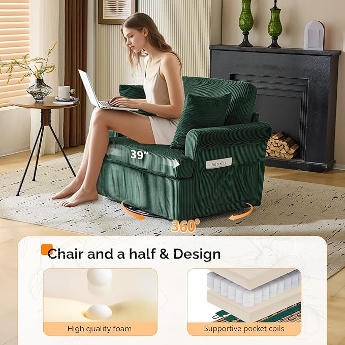 VINGL 39.2 Wide 360° Swivel Accent Armchairs with Pillows Set of 2 Oversized Single Sofas Chair and a Half with Side Pockets and Wide armrest for Living Room Bedroom Reading Room Corduroy Green