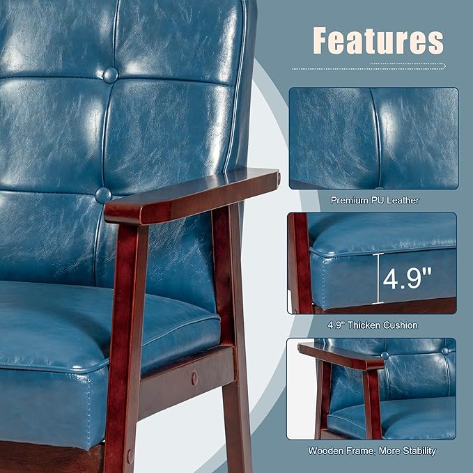Okeysen Mid Century Modern Accent Chairs Retro Wood and Leather Armchairs Side Chair Lounge Reading Comfy Arm Chair for Living Room Bedroom Office (Blue)