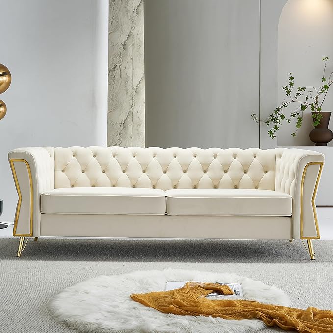 87.4 Velvet Sofa Couch Mid-Century Modern Chesterfield Loveseat Classic Button Tufted 2 Seater Couch with Golden Legs for Living Room Office Bedroom (Beige)
