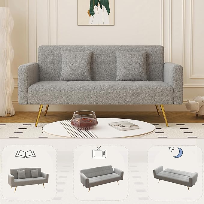 73 Convertible Futon Sofa BedComfy Teddy Fabric Sleeper Couch with 3 Reclining BackrestsGolden Chrome LegsModern Cloud Sofa Loveseat for Small Living Room Office (Grey)