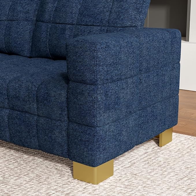 81.89 Sofa Comfy 3 Seat Sofa Tufted Chenille Upholstered Sofa Couch for Living Room with Gold Metal Legs and 2 Throw Pillows (Blue（3+3）)
