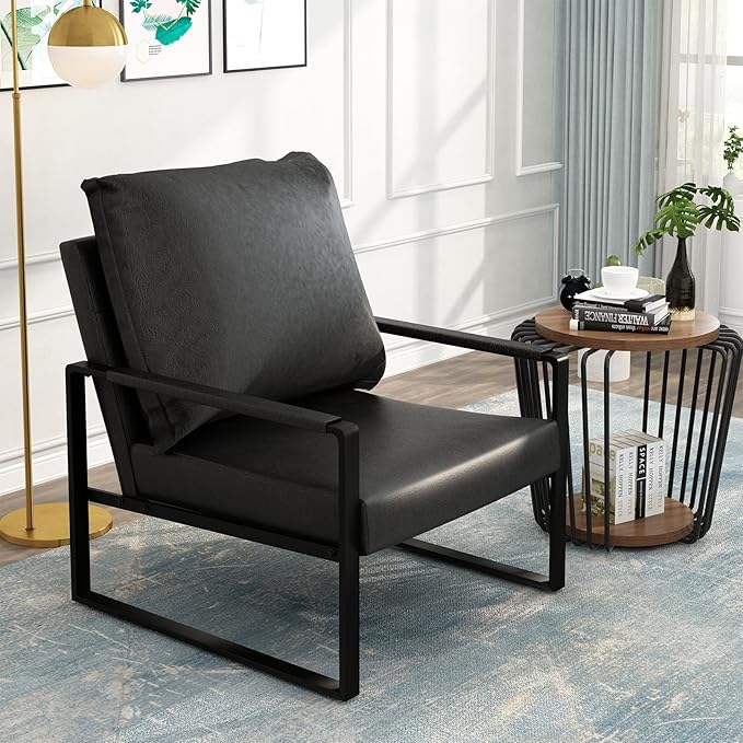 AWQM Modern PU Leather Accent Chair Arm Chair with Extra-Thick Padded Backrest and Seat Cushion Sofa Chairs for Living Room Bedroom 105 Degree Slant Back Non-Slip Adsorption Feet-Black（Set of 1）