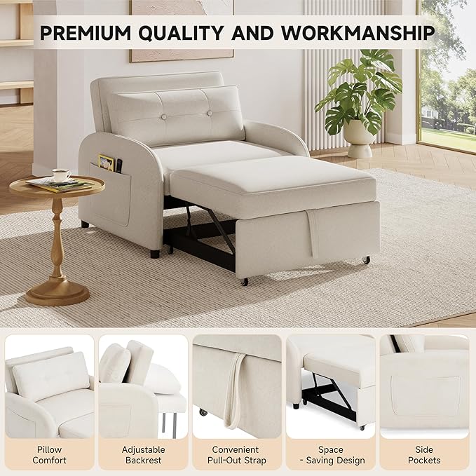 Merax 3-in-1 Convertible Sleeper Sofa Bed Loveseat to Bed with Pullout Design Soft Cotton Linen Fabric Includes Pillow &amp Side Pockets for Small Spaces Apartment Living Room Beige