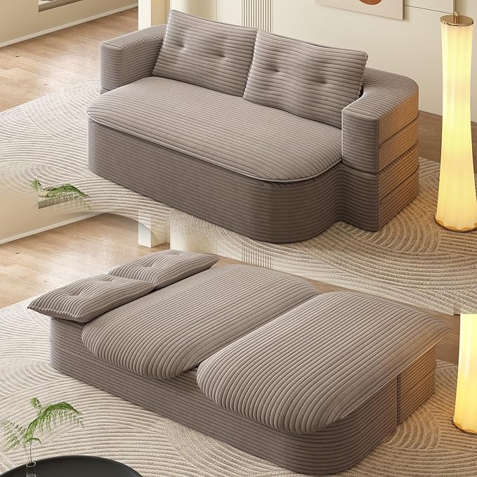 78.7 Full Size Memory Foam Couch Plush Corduroy Sofa Floor Sofa Bed with Multi Functional Blanket 2 in 1 Convertible Folding Sofa Bed for Living Room Offices No Assembly Required (Coffee)