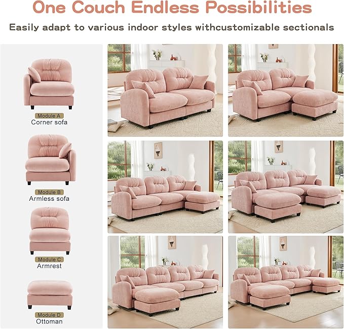 Cloud Couches for Living Room Modular Sectional Sofa 74 2-Seater Modular Couch with 2 Movable Ottomans Oversized Sectional Couch with Deep Seat Pink