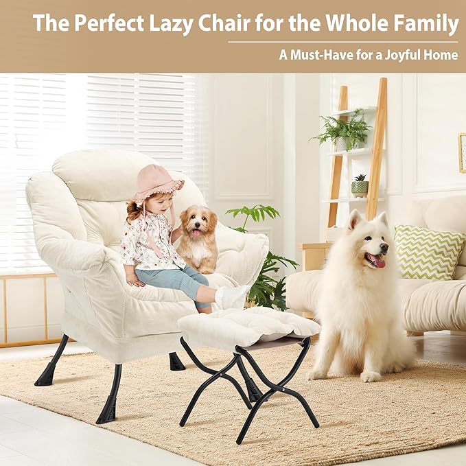 Lazy Chair with Folding Ottoman Accent Chair Plush Upholstered with Metal Structure and Non-Slip Pads Sofa Armchair with Footrest and Side Storage Bag for Dorm Room Office Beige