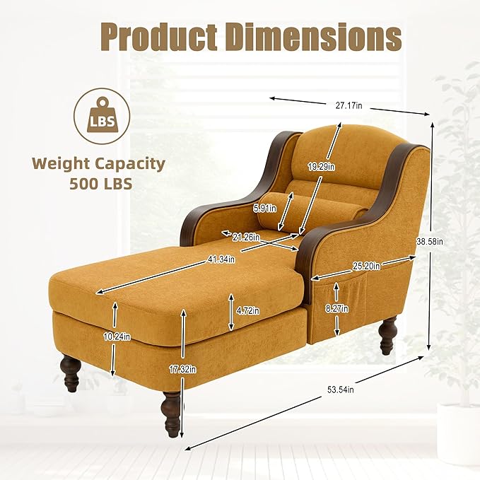 Upholstered Oversized Chaise Lounge Chair Solid Wood Frame Comfy Arm Chair with Thick Double-Layer Cushion Curved Armrests Modern Overstuffed Sleeper Recliner for Bedroom Living Room (Yellow)