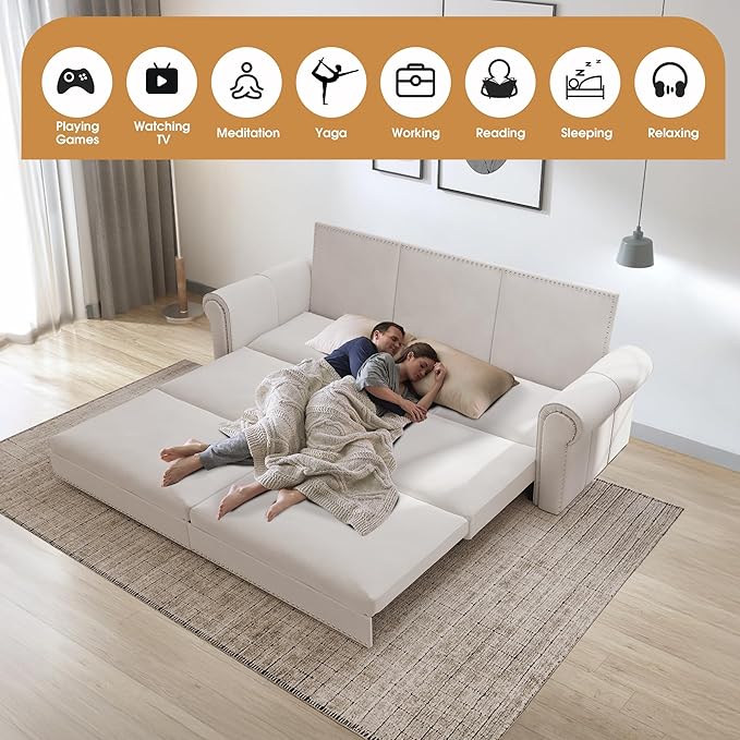 Oversized Sleeper Sofa Couch Convertible Sleeper Sofa Bed for Living Room Bedroom Classic 3-in-1 Pullout Couch Bed Chesterfield Style (Beige Without Ottoman)