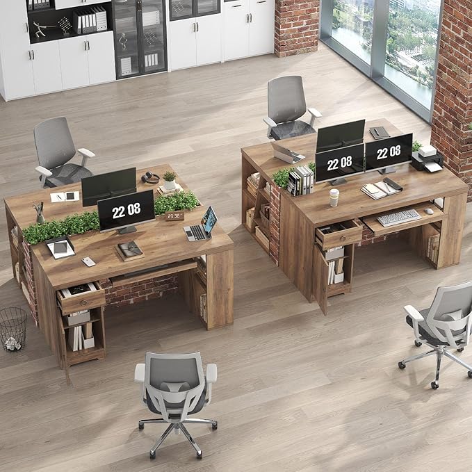 HSH 55 Inch Executive Office Desk with Drawers Farmhouse Computer Desk with Keyboard Tray and Storage Rustic Wood Work Study Writing Pc Table Studio Desks Home Workstation with Shelves and Cabinet