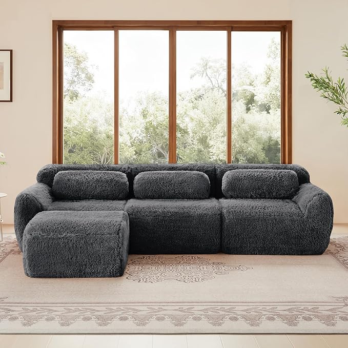 115 Sectional Couches for Living Room Comfy Boneless Couch 3 Seater Cloud Sofa Compressed L Shaped Couch with Ottoman Modern Modular Sectional Plush Floor Sofa No Assembly (Grey)